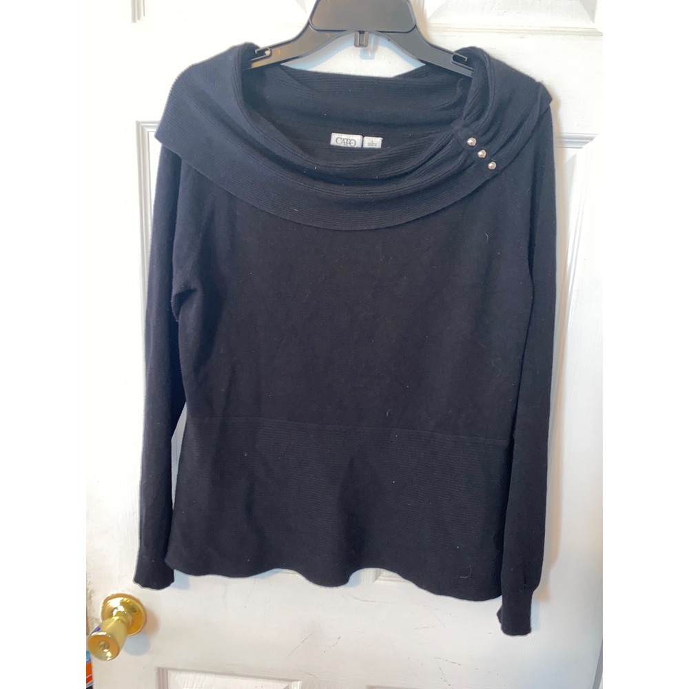 Cato Womens Black Cowl Neck Knit Sweater Silver Button Detail Size L Long Sleeve
